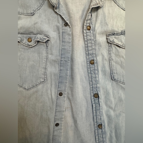 Wrangler unisex denim button down boyfriend western cowboy distressed shirt - Picture 3 of 5